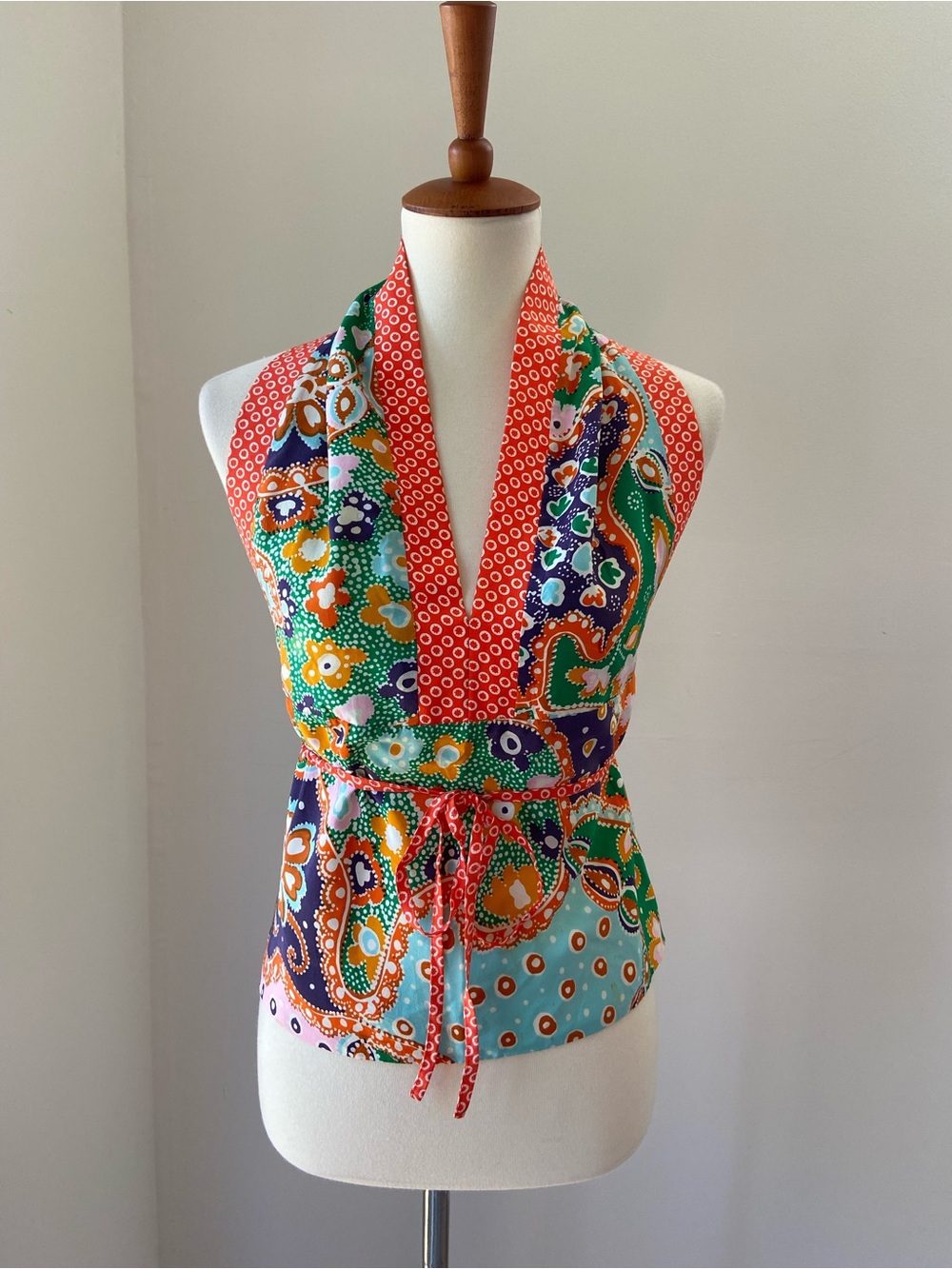 Vintage Vibrant Multicolor silk Boho apron style halter top